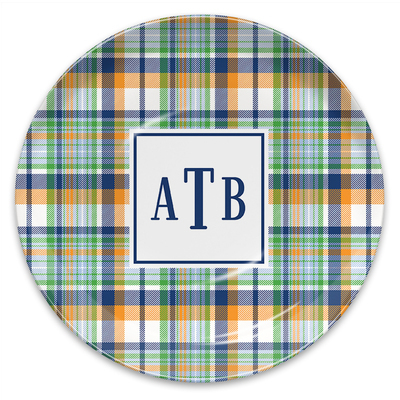 Navy and Orange Madras Plaid Melamine Plate